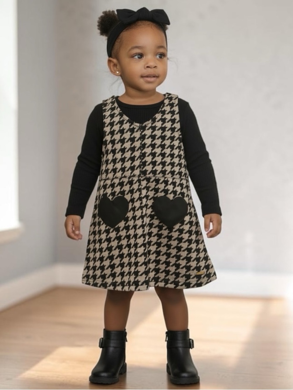 Girls Black & Cream Houndstooth Pinafore Dress with Heart Pockets